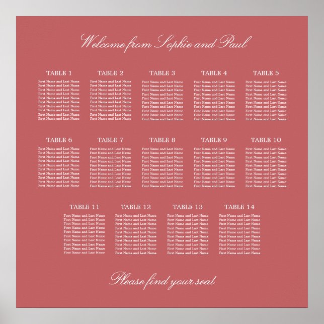 Dusty Rose Pink 14 Table Seating Chart Poster (Front)