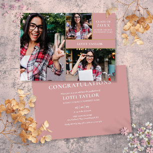 Dusty Rose Pink 3 Photo Gold Graduation Party Invi Invitation