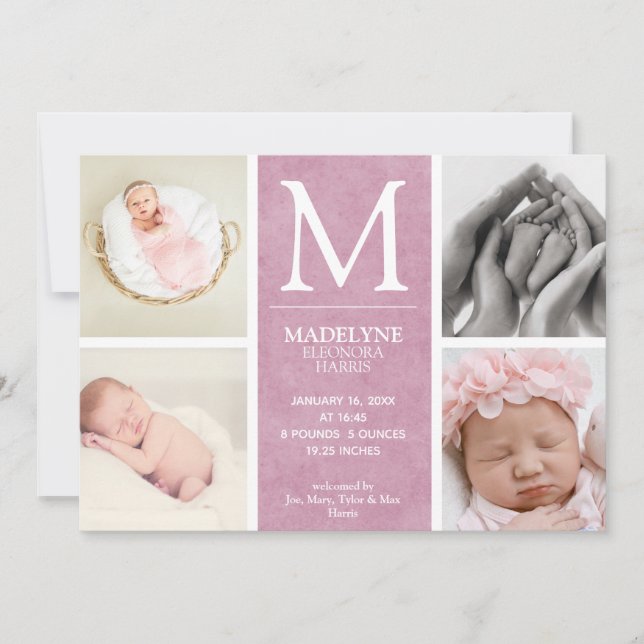 Dusty Rose Pink 4 Photo Collage Newborn Girl Birth Announcement (Front)