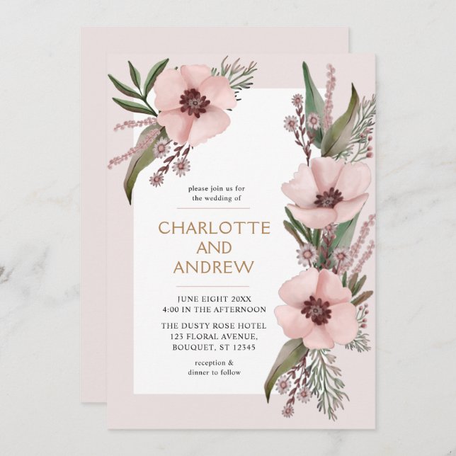 Dusty Rose Pink And Gold Floral Greenery Wedding Invitation (Front/Back)