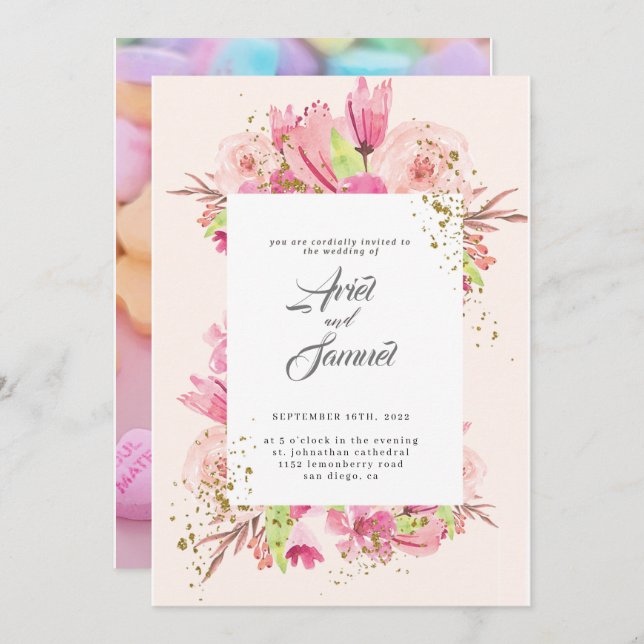 Dusty Rose Pink and Gold Floral Greenery Wedding  Invitation (Front/Back)