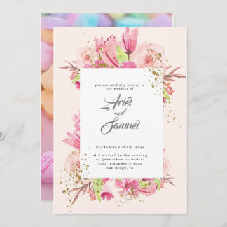 Dusty Rose Pink and Gold Floral Greenery Wedding Invitation