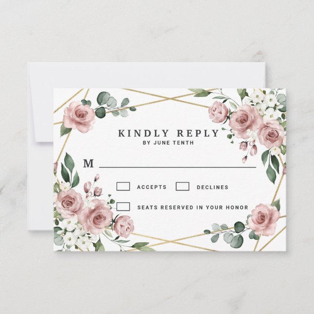 Dusty Rose Pink and Gold Floral Greenery Wedding RSVP Card (Front)