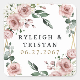 Dusty Rose Pink and Gold Floral Greenery Wedding Square Sticker