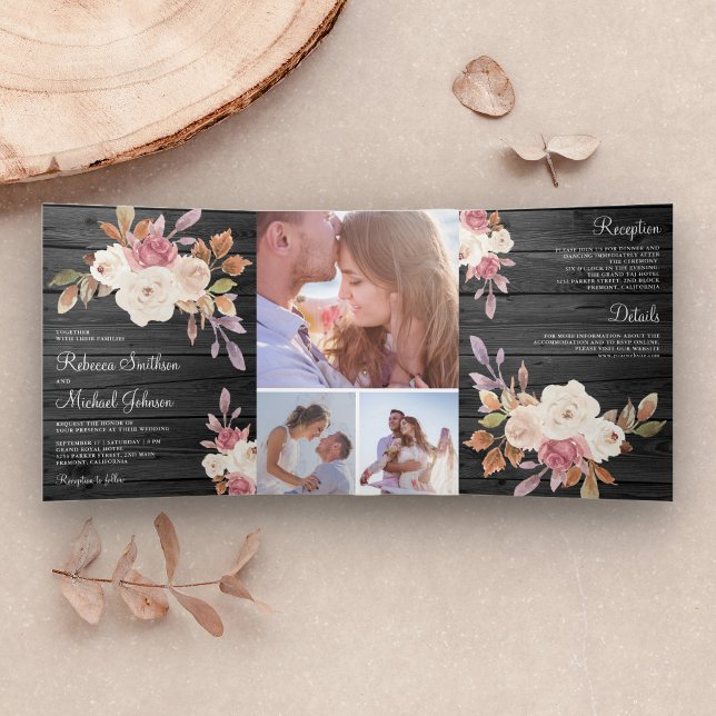 Dusty Rose Pink and Ivory Floral Barn Wood Wedding Tri-Fold Invitation (Creator Uploaded)