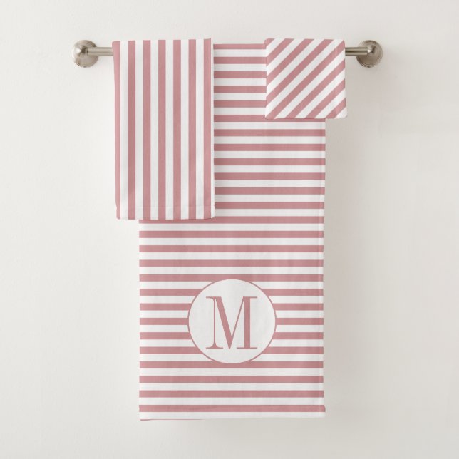 Dusty rose pink and white stripes and monogram bath towel set (Insitu)