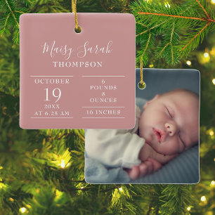 Dusty Rose Pink Baby Girl Birth Stats Photo Ceramic Ornament