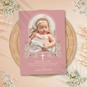 Dusty Rose Pink Baptism Greenery Arch Photo Thank You Card