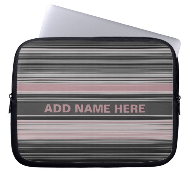 Dusty Rose Pink Black White Gray Striped Pattern Laptop Sleeve (Front)