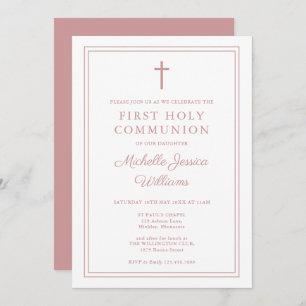 Dusty Rose Pink Border First Holy Communion Invitation
