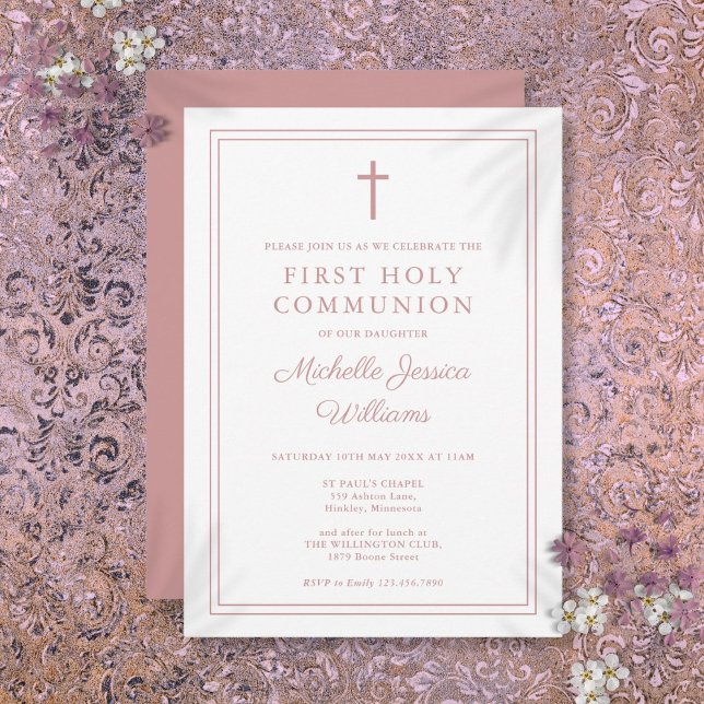 Dusty Rose Pink Border First Holy Communion Invitation (Dusty Rose Pink Border First Holy Communion Invitation)