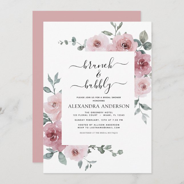Dusty Rose Pink Brunch & Bubbly Bridal Shower Invitation (Front/Back)