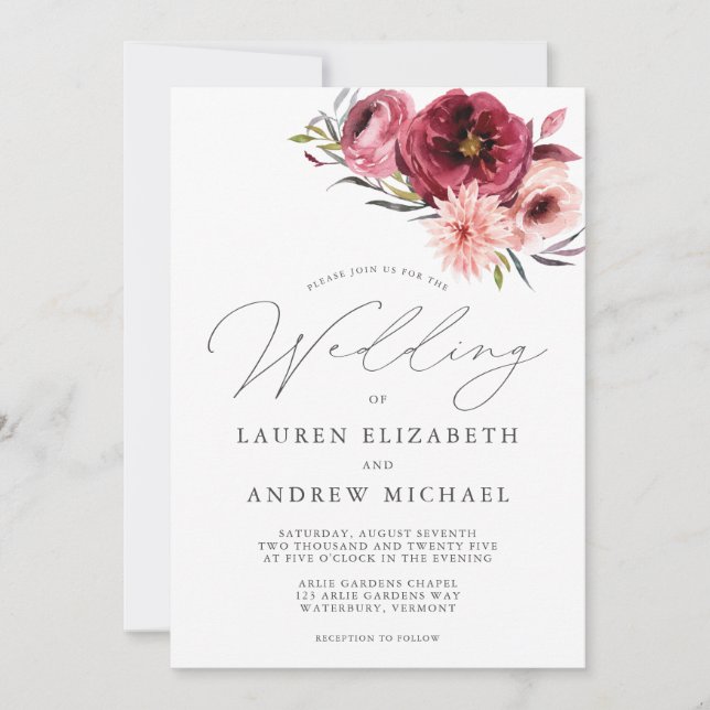 Dusty Rose Pink Burgundy Watercolor Floral Wedding Invitation (Front)