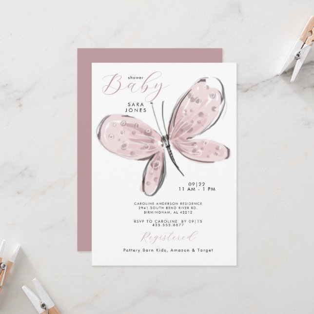 Dusty Rose Pink Butterfly Baby Shower Invitation (Front/Back In Situ)
