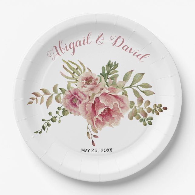 Dusty rose pink cactus flowers, succulent wedding paper plate (Front)