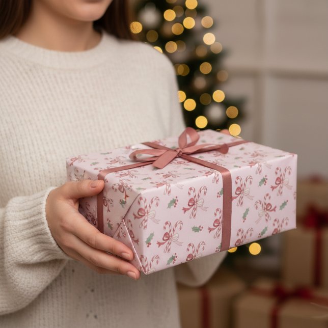 Dusty Rose Pink Candy Cane Coquette Bows Christmas Wrapping Paper (Creator Uploaded)