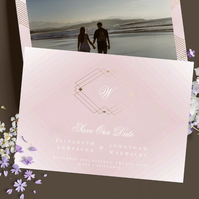 dusty rose pink classic deco gold monogram photo save the date (Creator Uploaded)