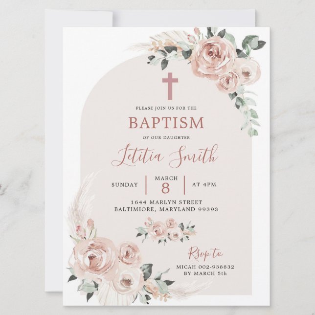 Dusty Rose Pink Cross Baptism Invitation (Front)