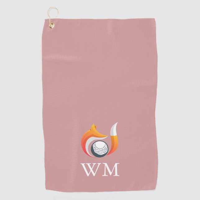 Dusty Rose PInk Custom Monogram Fox And Ball  Golf Towel (Front)