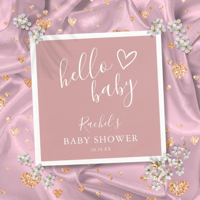 Dusty Rose Pink Cute Heart Girl Hello Baby Shower  Napkin (Dusty Rose Pink Cute Heart Girl Hello Baby Shower Napkins)