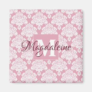 Dusty Rose Pink Damask Monogram with Name Magnet