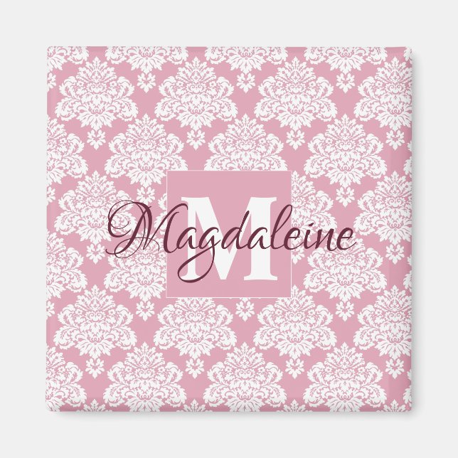 Dusty Rose Pink Damask Monogram with Name Magnet (Front)