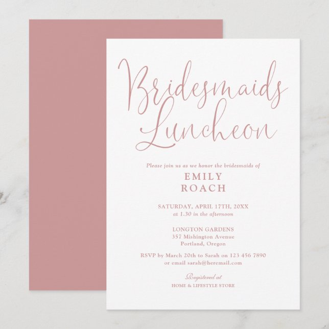 Dusty Rose Pink  Elegant Bridesmaids Luncheon Invitation (Front/Back)