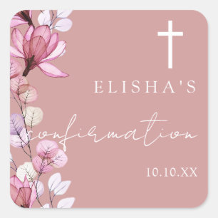 Dusty Rose Pink Elegant Floral Confirmation Square Sticker