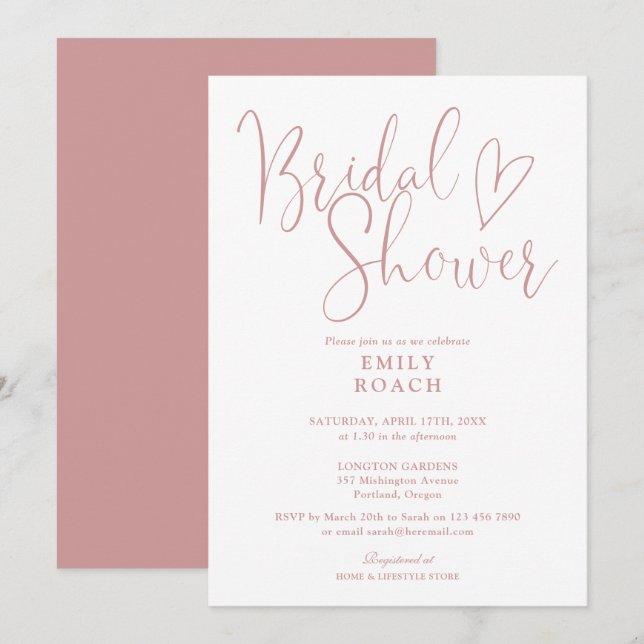 Dusty Rose Pink Elegant Script Bridal Shower Invitation (Front/Back)