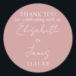 Dusty Rose Pink Elegant Script Wedding Thank You Classic Round Sticker<br><div class="desc">This dusty rose pink minimalist elegant script wedding thank you sticker can be personalised with your information in chic typography. Designed by Thisisnotme©</div>