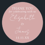 Dusty Rose Pink Elegant Script Wedding Thank You Classic Round Sticker<br><div class="desc">This dusty rose pink minimalist elegant script wedding thank you sticker can be personalised with your information in chic typography. Designed by Thisisnotme©</div>