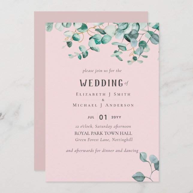 Dusty Rose Pink Eucalyptus WEDDING Invitation (Front/Back)