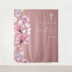 Dusty Rose Pink Floral Baptism Photo Backdrop Tapestry