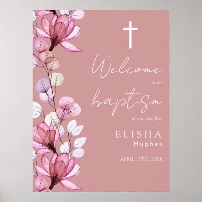 Dusty Rose Pink Floral Baptism Welcome Sign (Front)