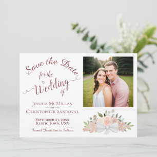 Dusty Rose Pink Floral Calligraphy Photo Wedding Save The Date