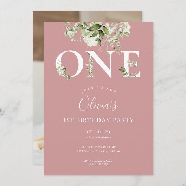 Dusty Rose Pink Floral Greenery 1st Birthday Photo Invitation (Front/Back)