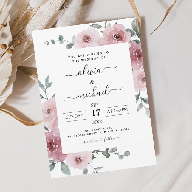 Dusty Rose Pink Floral Modern Wedding Invitation (Creator Uploaded)