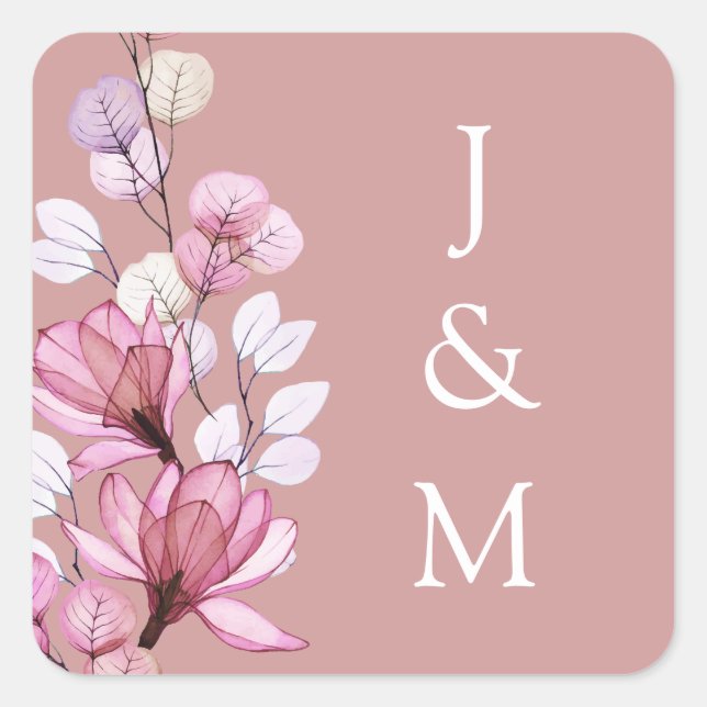 Dusty Rose Pink Floral Monogram Wedding Square Sticker (Front)