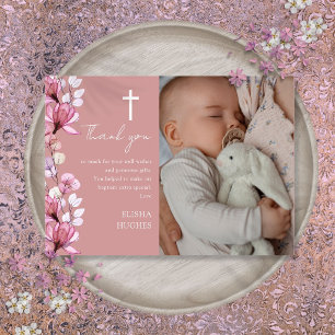 Dusty Rose Pink Floral Photo Baptism Christening Thank You Card