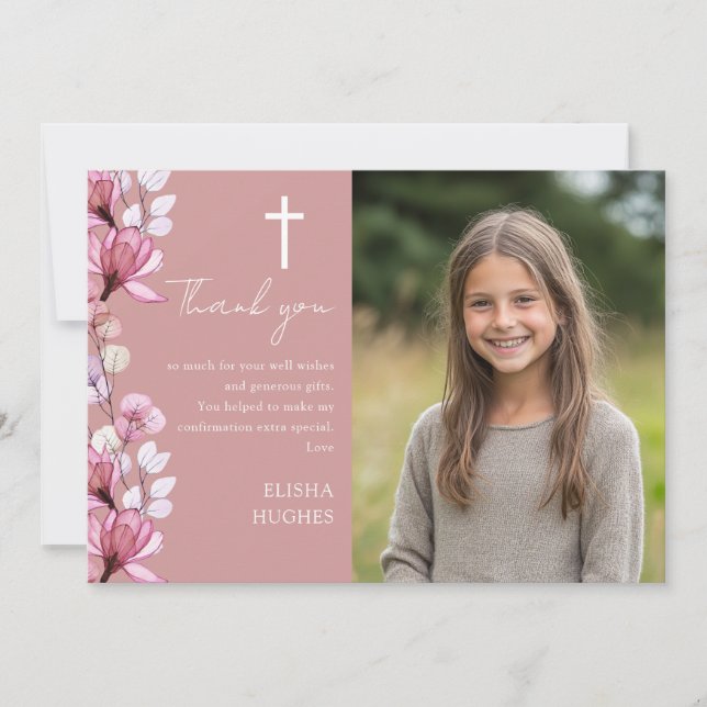 Dusty Rose Pink Floral Photo Confirmation Thank You Card (Front)