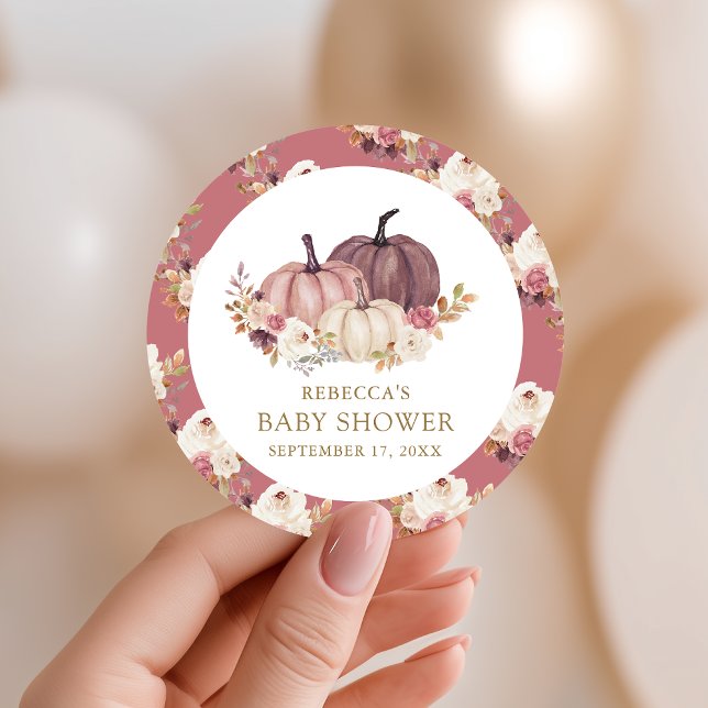 Dusty Rose Pink Floral Pumpkin Baby Shower Classic Round Sticker (Creator Uploaded)