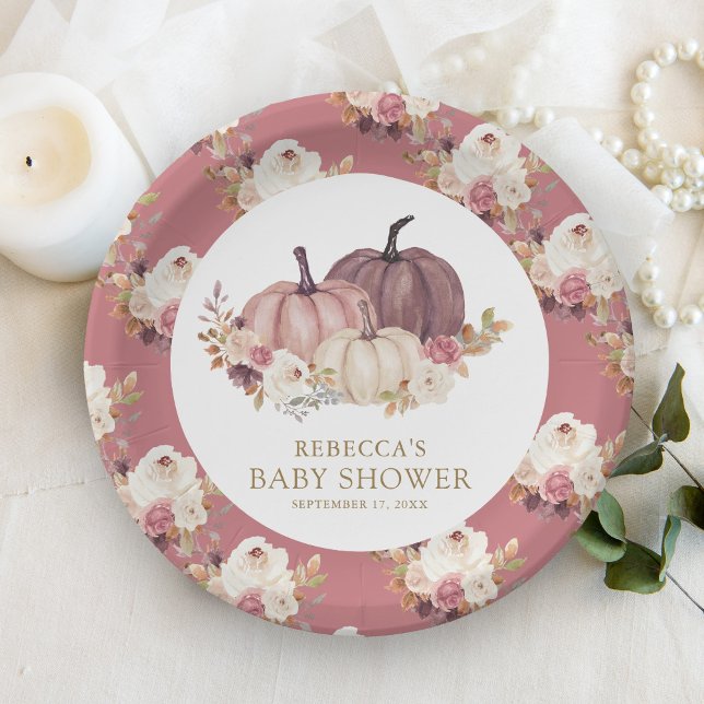 Dusty Rose Pink Floral Pumpkin Baby Shower Paper Plate (Creator Uploaded)