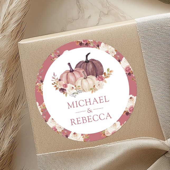 Dusty Rose Pink Floral Pumpkin Wedding Classic Round Sticker (Creator Uploaded)