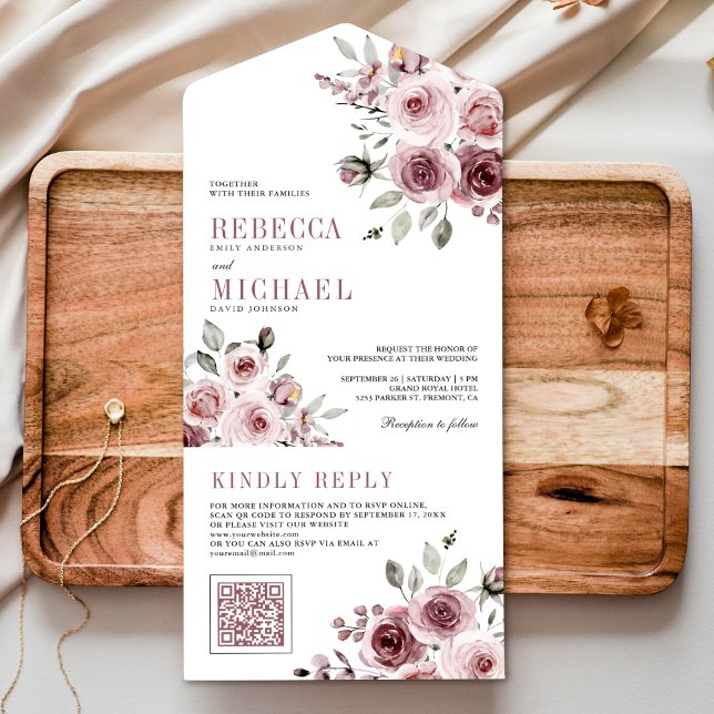 Dusty Rose Pink Floral QR Code Wedding All In One Invitation (Creator Uploaded)