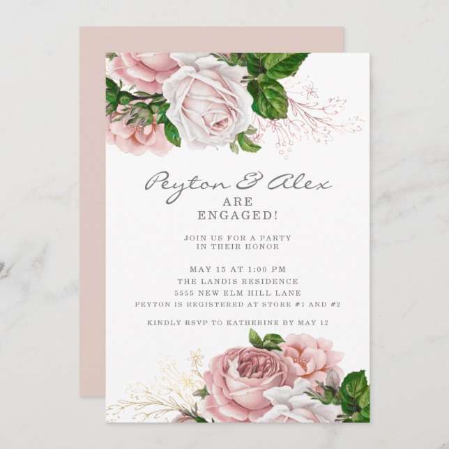 Dusty Rose Pink Floral White Engagement Party Invitation (Front/Back)
