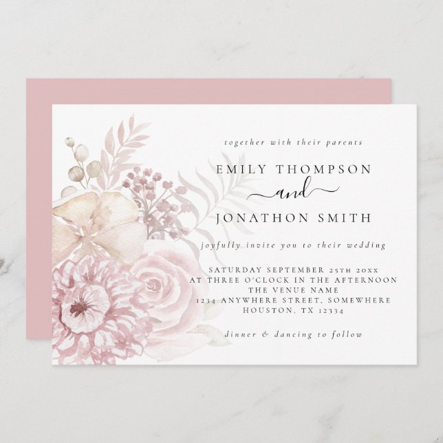 Dusty Rose Pink Florals Wedding Invitation (Front/Back)