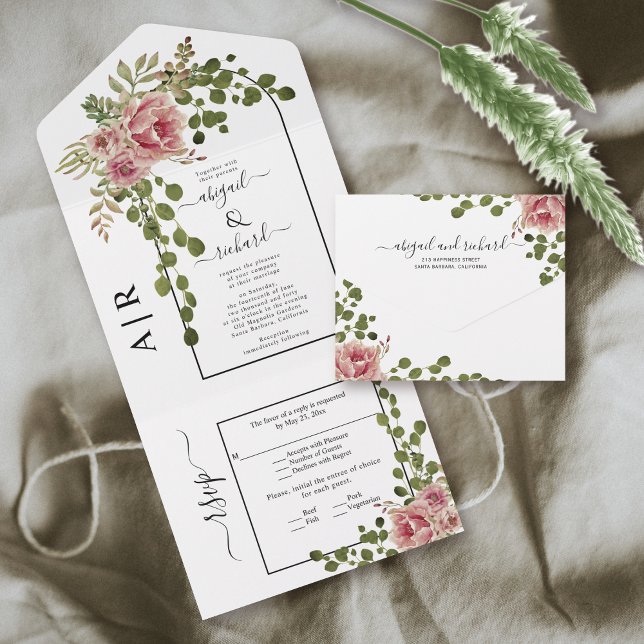 Dusty rose pink flowers, arch and monogram wedding all in one invitation (Creator Uploaded)