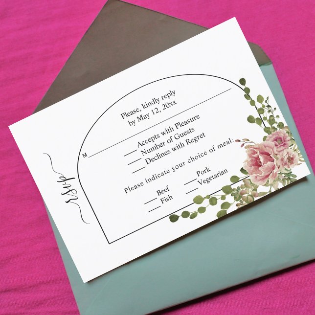 Dusty rose pink flowers, arch and monogram wedding RSVP card (Creator Uploaded)