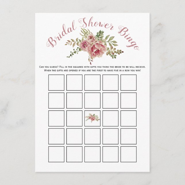Dusty rose pink flowers bridal bingo game card (Front)