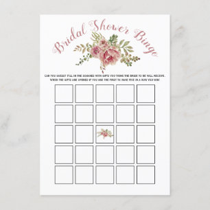 Dusty rose pink flowers bridal bingo game card